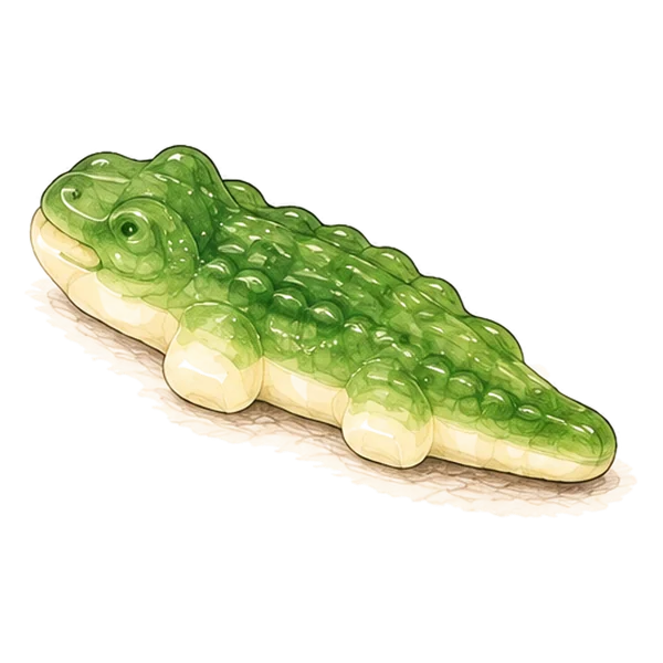 A green gummy crocodile