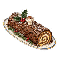 Drawing of a chocolate bûche de Noël with holly and a meringue mushroom