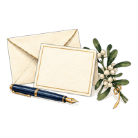 Drawing of a blank card and envelope with a fountain pen and a sprig of mistletoe