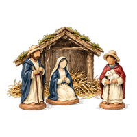 Drawing of three clay santon figures beside a small wooden stable