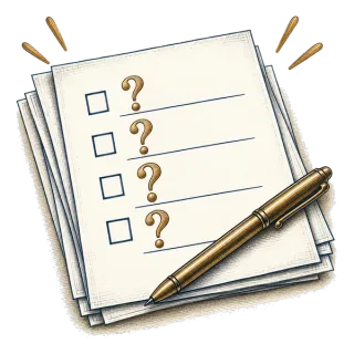 A list of questions and a gold pen