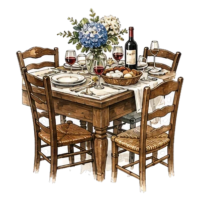 A French family dinner table with wine, bread and flowers