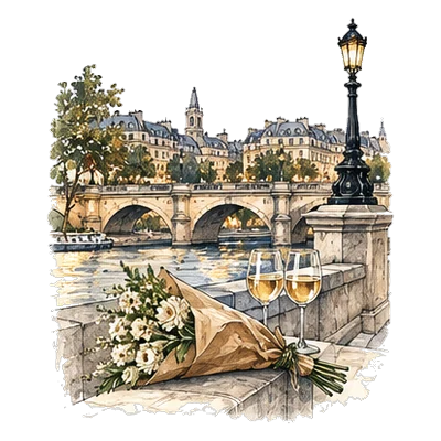 Flowers and two glasses of wine on a Paris quay by the Seine