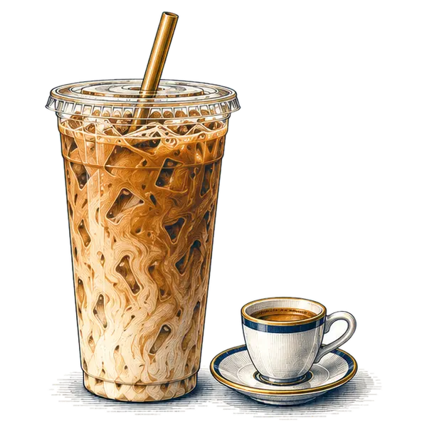 A very large iced coffee beside a small espresso