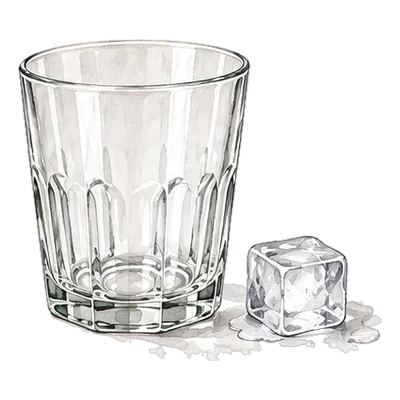 A tall glass packed with ice beside an empty glass