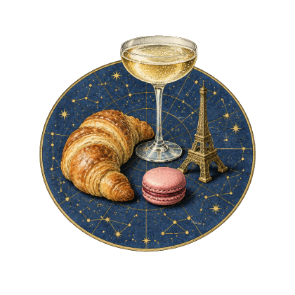 A croissant, a Champagne coupe and macarons
