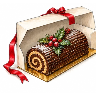 A chocolate bûche de Noël in an open pâtisserie box with a red ribbon