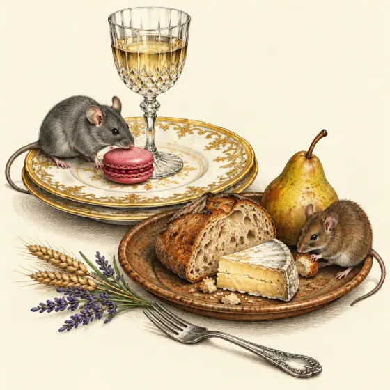 Two mice at two plates: a glass of white wine and a macaron, and country bread with cheese and a pear