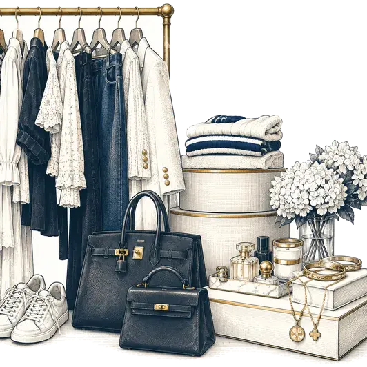 A clothes rail with two handbags, sneakers and hat boxes
