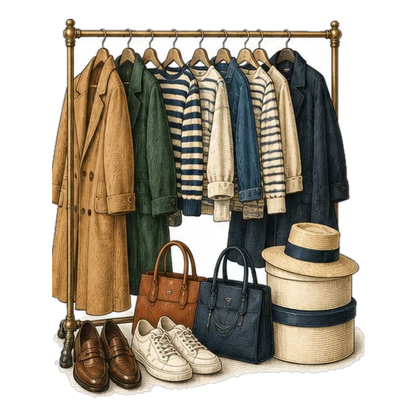A clothes rail with two handbags, sneakers and hat boxes