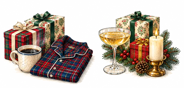 Presents with a mug of coffee and plaid pajamas