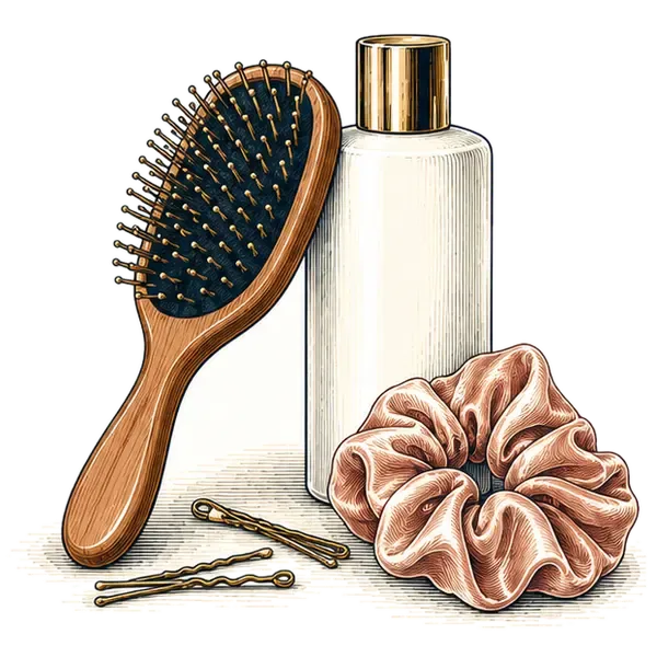 A wooden hairbrush, a plain bottle, a silk scrunchie and hairpins