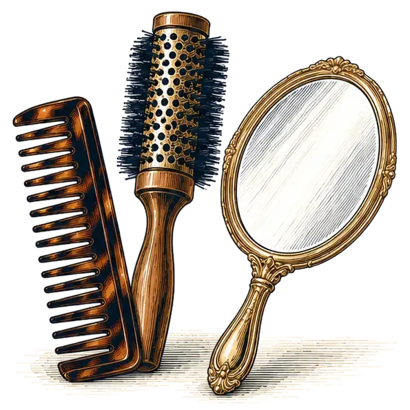 A wide-tooth comb and a round brush beside a hand mirror