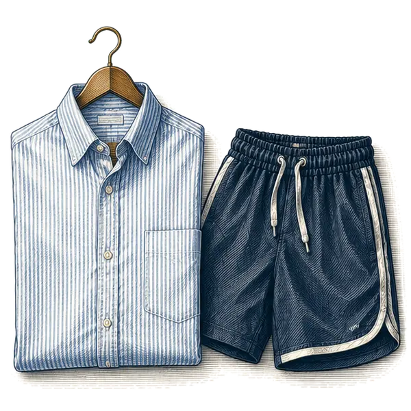 A pressed shirt beside a pair of athletic shorts
