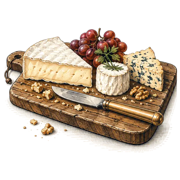 A cheese board with Brie, goat cheese and blue cheese