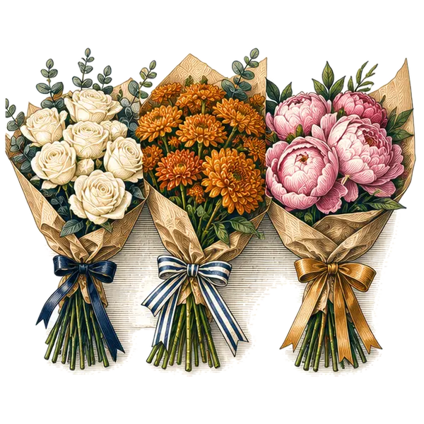 Three bouquets wrapped in paper, ready for a first visit