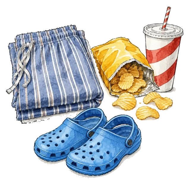Striped pajama pants, blue foam clogs, a bag of chips and a soda cup
