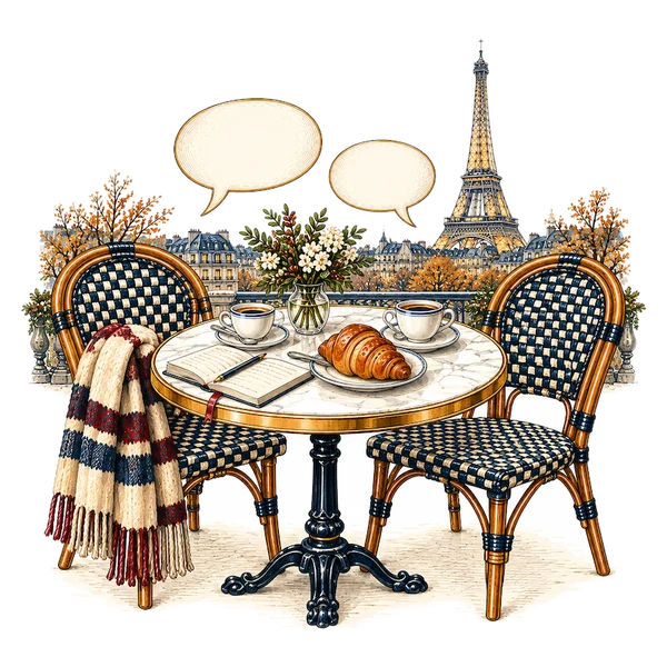 Two speech bubbles over a Paris café table for two, the Eiffel Tower behind