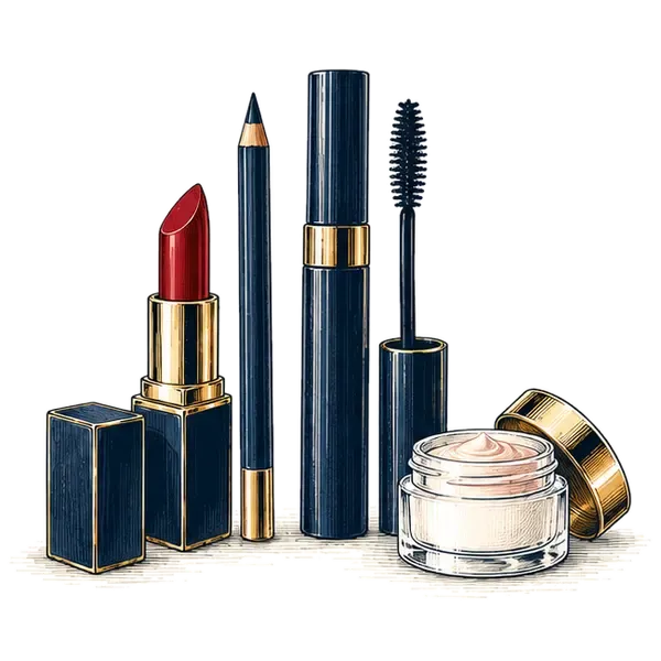 A red lipstick, a kohl pencil, a mascara and a small jar of cream