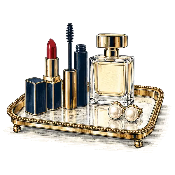 A tray with a lipstick, mascara, perfume and pearl earrings