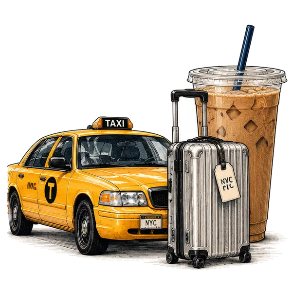 A yellow taxi, a suitcase and a very large iced coffee