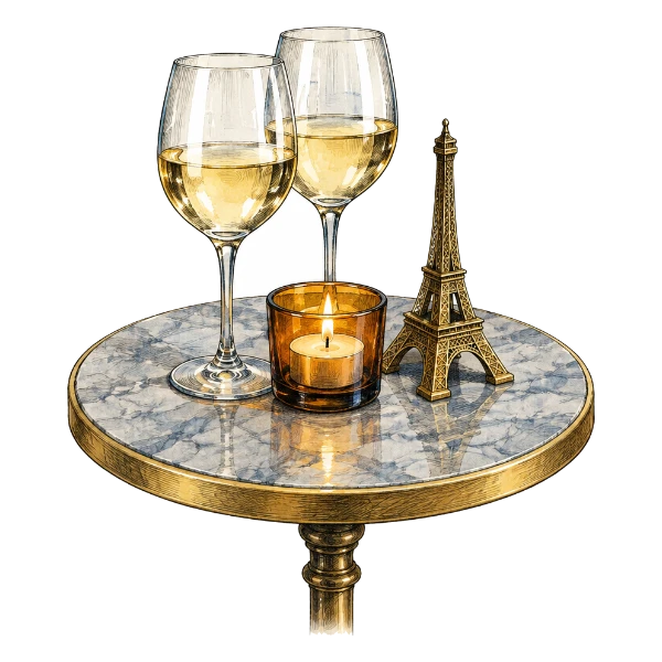 Two glasses of wine on a terrace with the Eiffel Tower lit at night