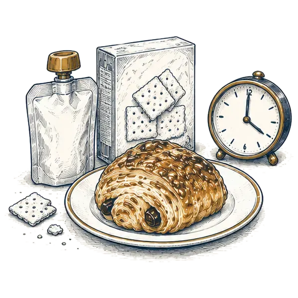 A snack pouch and crackers beside a pain au chocolat and a small clock