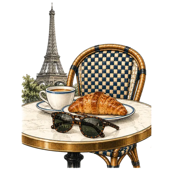 The Eiffel Tower behind a café table with coffee, a croissant and sunglasses