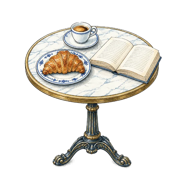 A Parisian café table with an espresso, a croissant and an open book