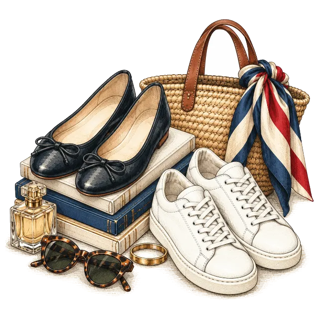 Ballet flats on a stack of books beside white sneakers, a straw bag and a striped scarf