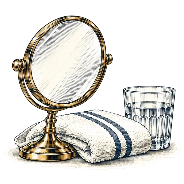 A vanity mirror beside a folded towel and a glass of water