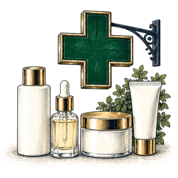 Four plain pharmacy products in a row under a green cross
