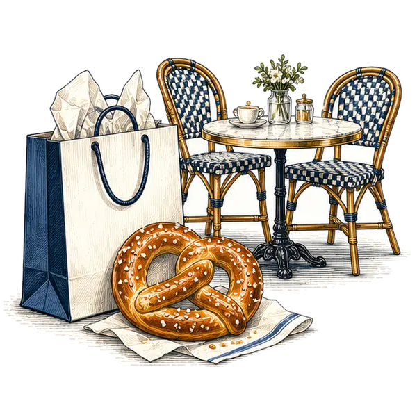 A shopping bag and a pretzel beside a café table