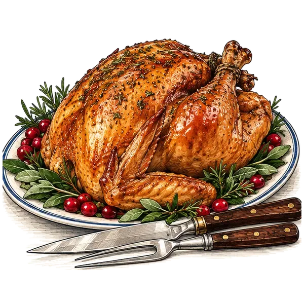 A roast turkey on a platter with a carving knife and fork