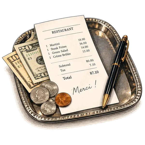 A restaurant check on a tray with dollar bills, coins and a pen