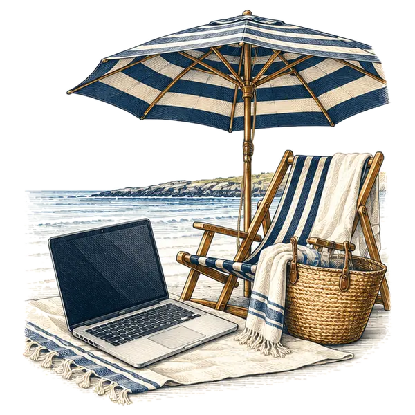 A beach umbrella and deck chair beside a laptop