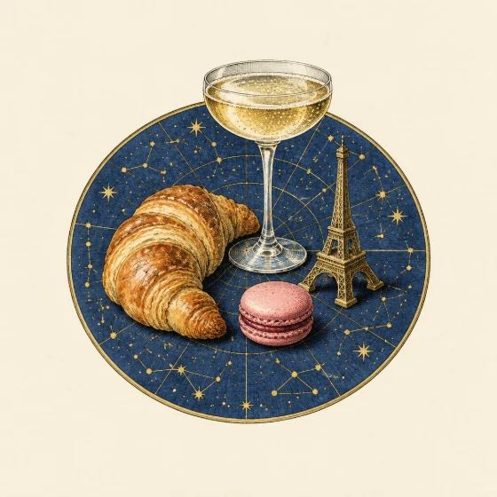 A croissant, a Champagne coupe, a macaron and a small Eiffel Tower on a star chart
