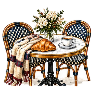 A Paris café table with flowers, a croissant, a coffee and a striped scarf