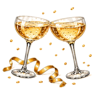 Two champagne coupes clinking with gold ribbon and confetti
