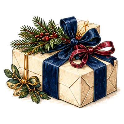 A wrapped gift with navy and burgundy ribbons and pine