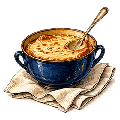 A blue bowl of onion soup with a golden cheese crust and a spoon, on a linen napkin