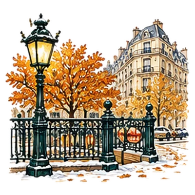 A Paris métro entrance with a street lamp, autumn trees and a Haussmann building