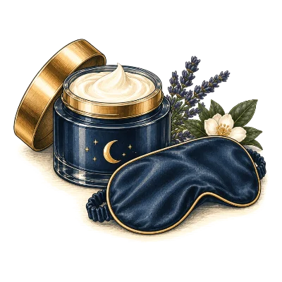 A navy jar of night cream beside a navy silk sleep mask